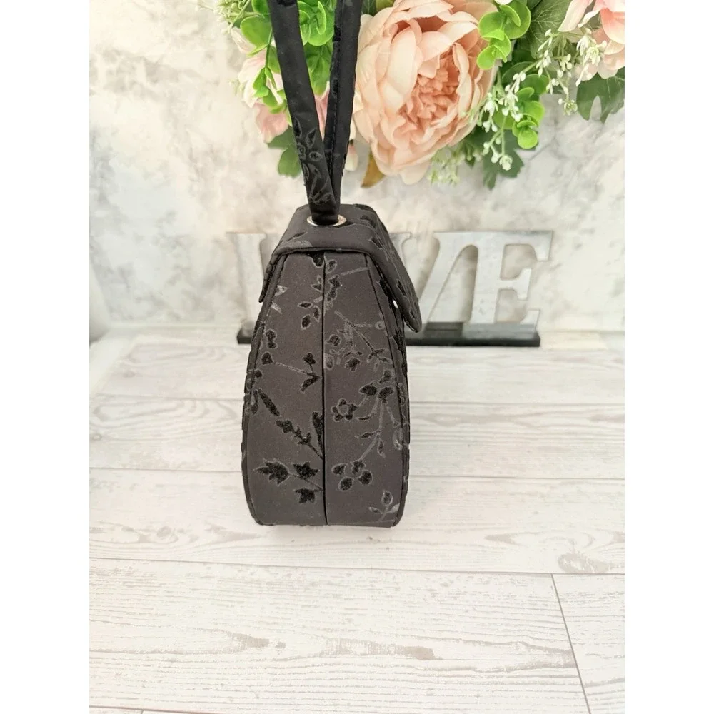 KF LTD 1980 Vintage Evening Bag Black Flocking Brocade Top Handle 6